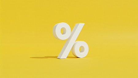 Image is a digital illustration featuring a large, three-dimensional white percentage symbol (%) prominently displayed against a vibrant yellow background. The symbol is positioned slightly to the right, casting a subtle shadow on the surface, which adds depth and a sense of realism to the composition. The background is a solid, bright yellow, creating a striking contrast with the white of the percentage symbol. The overall style is minimalist and modern, with clean lines and a bold color palette that draws attention to the central subject. The image conveys a sense of simplicity and clarity, making it visually appealing and easy to interpret.の素材
