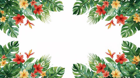 Image is a digital illustration featuring two horizontal arrangements of tropical foliage and flowers, positioned at the top and bottom of the frame, creating a symmetrical layout. The style is watercolor, with vibrant and natural hues. The top and bottom sections include a variety of green leaves, such as palm fronds, banana leaves, and monstera leaves, interspersed with colorful flowers in shades of red, yellow, and pink. The center of the image is left blank, forming a white rectangular space suitable for text or a logo. The overall composition is balanced and visually appealing, with a fresh and tropical aesthetic.の素材
