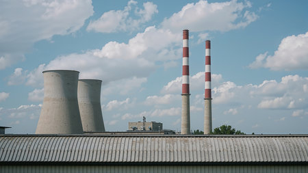 Image depicts an industrial landscape featuring a power plant with two prominent cooling towers and two tall chimneys. The cooling towers are cylindrical with a wide base, tapering slightly towards the top, and are emitting white steam into the sky. The chimneys are slender and tall, with alternating bands of red and white, extending high above the plant. The foreground shows a corrugated metal roof, possibly part of an adjacent structure. The sky is partly cloudy, with scattered white clouds against a blue backdrop, adding contrast to the industrial scene. The overall composition highlights the juxtaposition of industrial elements against a natural sky.の素材