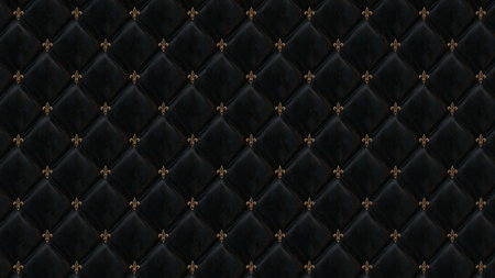 Image features a luxurious and elegant style with a quilted pattern. The layout consists of a series of diamond-shaped sections, each outlined with subtle highlights that give a three-dimensional appearance. The background is predominantly black, providing a rich and sophisticated look. Each intersection of the diamond shapes is adorned with a small, gold fleur-de-lis motif, adding a touch of opulence and classic design. The overall effect is one of high-end, refined aesthetics, suitable for upscale interior design or fashion applications. The repetition of the pattern creates a sense of continuity and harmony across the image.の素材