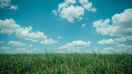 Image is a landscape photograph featuring a vibrant and clear blue sky with scattered white clouds, creating a serene and peaceful atmosphere. The lower half of the image is dominated by a lush, green field of grass, with blades varying in height and swaying gently, suggesting a light breeze. The grass is vividly green, contrasting sharply with the bright blue sky above. The composition is simple yet effective, with the horizon line placed low in the frame, emphasizing the vastness of the sky. The overall mood is calm and refreshing, evoking a sense of tranquility and openness.の素材