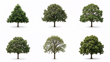Image is a digital collage featuring six distinct trees, each occupying its own space against a plain white background. The trees are arranged in two rows of three. Each tree showcases a unique shape and foliage density, ranging from broad and bushy to slender and sparse. The top row includes a tree with a triangular canopy, a tree with a slightly irregular shape, and a tree with a more open, airy structure. The bottom row features a tree with dense, rounded foliage, a tree with a perfectly spherical canopy, and another with a more elongated form. The leaves vary in shades of green, indicating different species and possibly different seasons. The overall composition highlights the diversity in tree forms and structures, emphasizing their natural beauty and variety.の素材