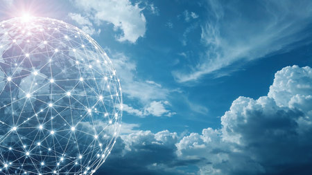 High-resolution digital illustration featuring a stylized, semi-transparent globe on the left side, composed of intricate, interconnected white lines with subtle glow and glowing nodes, resembling a complex network or web. The globe is set against a dramatic, cloudy sky with varying shades of sky blue, cerulean, and wispy whites, creating a striking contrast between the structured, geometric design of the globe and the organic, fluid forms of the clouds. A bright, soft light source emanates from the top left, casting a warm, ethereal glow over the scene, accentuating the futuristic and technological theme. The overall composition suggests themes of global connectivity, communication, and innovation, with a sense of dynamism and movement. The illustration style is sleek, modern, and minimalist, with clean lines and subtle texture, perfect for commercial or professional use.の素材