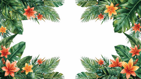 Image is a digital illustration featuring two horizontal arrangements of tropical foliage and flowers, positioned at the top and bottom of the frame, creating a symmetrical layout. The style is watercolor, with vibrant and natural hues. The top and bottom sections include a variety of green leaves, such as palm fronds, banana leaves, and monstera leaves, interspersed with colorful flowers in shades of red, yellow, and pink. The center of the image is left blank, forming a white rectangular space suitable for text or a logo. The overall composition is balanced and visually appealing, with a fresh and tropical aesthetic.の素材