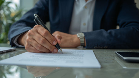 Image is a close-up photograph focusing on a person writing on a piece of paper. The individual is wearing a dark blue suit with a white shirt, suggesting a formal or professional setting. The hand holding the pen is of medium skin tone, and the pen is black with a metallic clip. The background is blurred, featuring hints of greenery and a window, indicating an indoor environment with natural light. The composition centers on the act of writing, with the paper and pen in sharp focus, conveying a sense of concentration and business activity.の素材