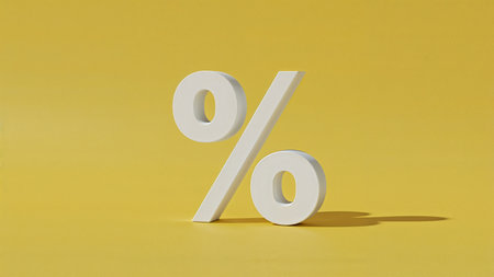 Image is a digital illustration featuring a large, three-dimensional white percentage symbol (%) prominently displayed against a vibrant yellow background. The symbol is positioned slightly to the right, casting a subtle shadow on the surface, which adds depth and a sense of realism to the composition. The background is a solid, bright yellow, creating a striking contrast with the white of the percentage symbol. The overall style is minimalist and modern, with clean lines and a bold color palette that draws attention to the central subject. The image conveys a sense of simplicity and clarity, making it visually appealing and easy to interpret.の素材