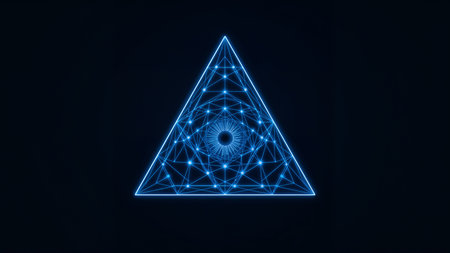 Image is a digital illustration featuring a stylized, geometric representation of an eye within a triangle, composed of interconnected blue glowing lines and nodes against a dark blue background. The design resembles a wireframe or network structure, with the eye centrally positioned and the triangle forming a base. The lines and nodes create a sense of depth and dimension, giving the impression of a three-dimensional object. The overall aesthetic is modern and technological, with a focus on symmetry and precision. The blue color scheme enhances the futuristic and digital theme of the artwork.の素材