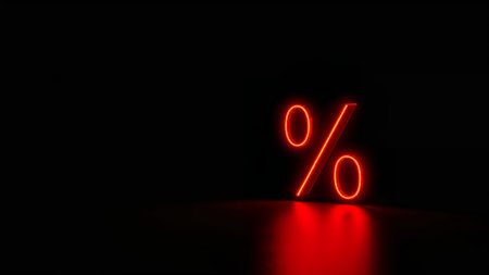 Image features a digital artwork with a glowing red neon percentage symbol (%) against a black background. The symbol is positioned slightly to the right, with a three-dimensional appearance that casts a subtle reflection on the surface below. The neon effect is vibrant, with a bright red hue that creates a striking contrast against the dark backdrop. The overall composition is minimalistic, focusing solely on the illuminated symbol, which is the central subject of the image. The lighting effect enhances the modern and sleek aesthetic, making the symbol appear as if it is floating in space.の素材