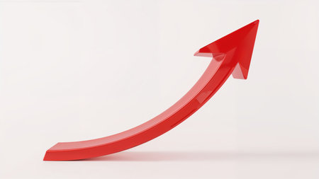 Image features a 3D-rendered, stylized red arrow with a glossy finish. The arrow is curved, starting from a flat base and rising upward in a smooth arc, ending in a sharp point. The arrow is positioned against a plain white background, emphasizing its vibrant red color and sleek design. The lighting creates subtle reflections on the arrow's surface, enhancing its three-dimensional appearance. The overall composition is simple and focused, with the arrow symbolizing growth or upward movement.の素材