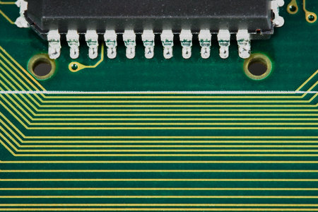 Computer board with chip and trace. Green color. Close-up. 5