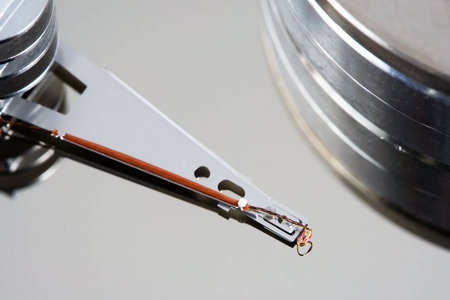 Hard disk inside. Magnetic head. Extreme close-up