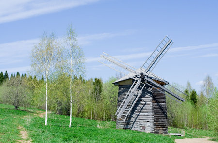 Old wooden windmill at rural landscape. Russiaの写真素材