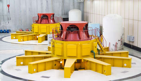 Huge water turbine generators. Hydroelectric powerplant. Interiorの写真素材