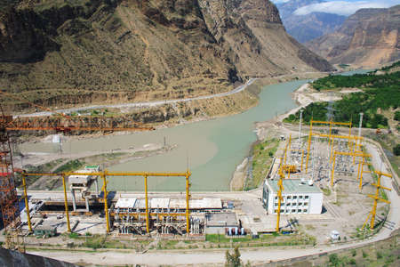  Panoram of hydro power plant with substation. Mountains. Russiaのeditorial素材