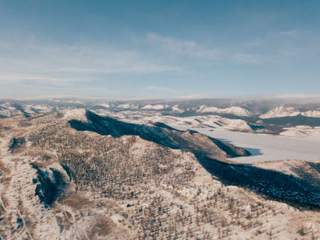 Baikal water lake winter season aerial view with sunrise sky, Russia natural landscapeの写真素材