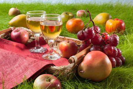 summer picnic scene with fruits and vine on grassの写真素材