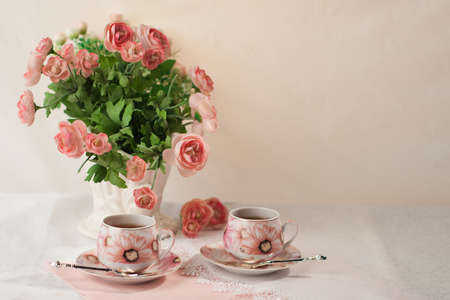 Still Life. Breakfast with flowers and cups of tea. Pastels.の写真素材