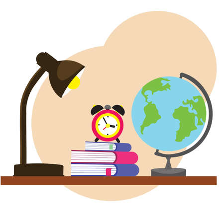 back to school: table lamp with alarm clock, books and globe in flat styleのイラスト素材