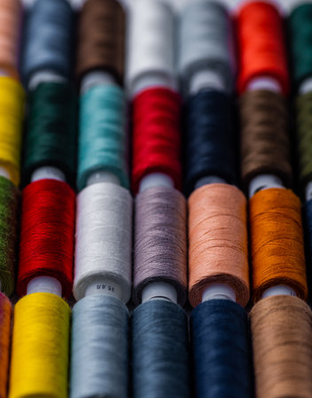 Threads of different colors on spools, evenly laid in rows. Vertical photography.の写真素材