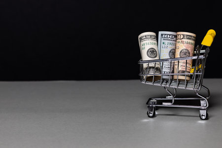 The supermarket cart is full of money. Dollars shopping trolleys on a black background.の写真素材