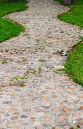 Beautiful winding stone path in the park. Vertical shot.