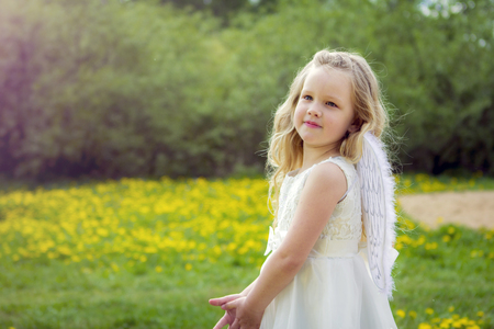 Girl with angel wings on the background of nature. Blonde with flowing hair.の写真素材