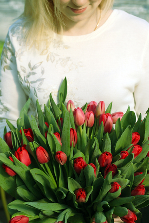 Bouquet of tulips in the hands of the girl.Bouquet of red tulips. Spring gift for a girl .の写真素材