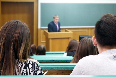 Audience with students at the University.Professor's speech in the lecture hall of the University.