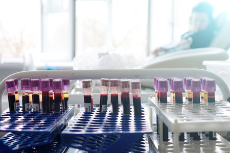 Blood test tubes. Medical equipment for blood donors.Chairs in the office for blood donation.の写真素材