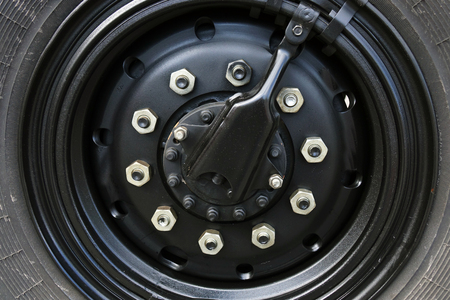 Closeup view of a rubber tire on a truckの写真素材