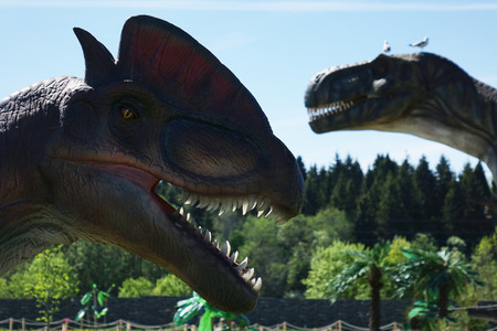 Russia - 20 may 2018. Animals of the Jurassic period. Dinosaur on the blue sky background .のeditorial素材