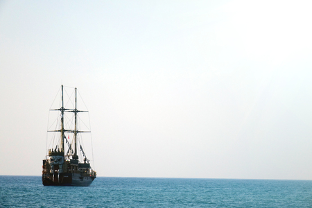 Turkey. Antalya-June 4, 2018. Mediterranean sea Pirate ship with tourists at sea.のeditorial素材