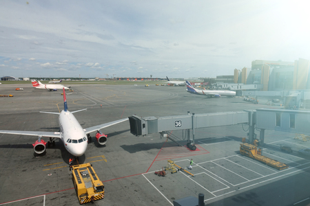 Russia. Moscow. 4 June 2018. Sheremetyevo airport. Planes are preparing to fly. Terminal.のeditorial素材