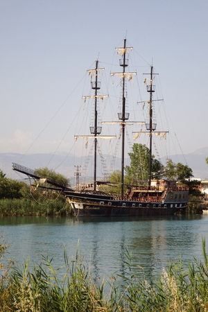 Turkey. Antalya-June 4, 2018. A pirate ship docked on the river . Excursions on water transport.のeditorial素材