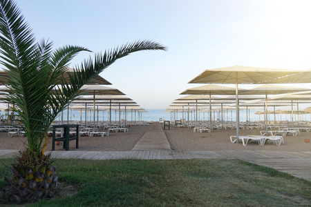 Sun loungers with umbrella on the beach. Tourism industry. relaxationの写真素材