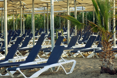 Sun loungers with umbrella on the beach. Tourism industry. relaxationの写真素材