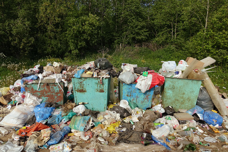 Russia, lake Onega region-June 2018. Crowded bins with garbage near the forest .