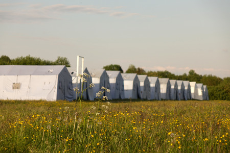 white large army tents. rescue camp. military baseの写真素材