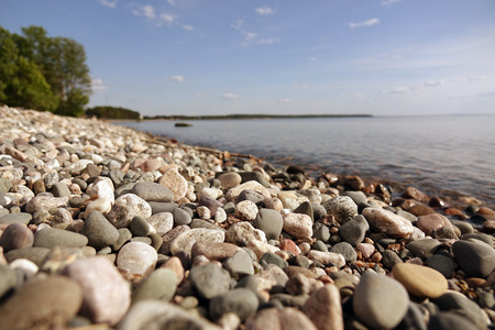 Pebble beach and blue sky on background. coastline,