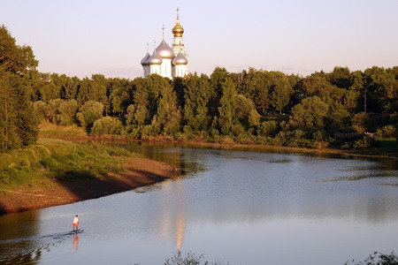 Vologda. Russia. June 2018: St. Sophia Cathedral in the Vologda Kremlin. View of the river and the Orthodox Church.のeditorial素材