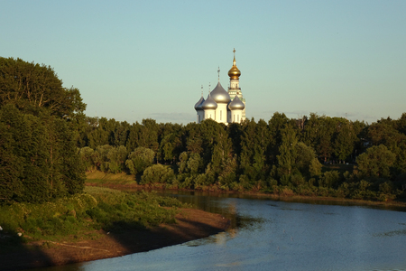 Vologda. Russia. June 2018: St. Sophia Cathedral in the Vologda Kremlin. View of the river and the Orthodox Church.のeditorial素材