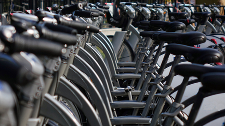 Bicycle rental. Convenient transport for tourists.The concept of urban transport