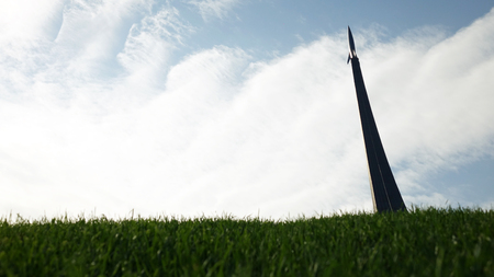 Moscow. Russia-September 2018: Monument to the conquerors of space at VDNH against the sky.のeditorial素材