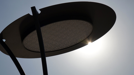Lighting with solar panel installed. Round lightsの写真素材