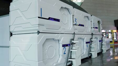 Moscow, Vnukovo Airport-June 2019: capsule hotel at the airport for passengers.のeditorial素材