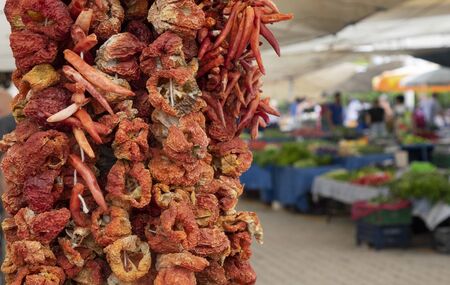 Dried products : eggplant pepper and vegetables in the Turkish market.の写真素材
