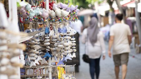 Turkey, Bodrum-June 2019: street trading in Bodrum. Souvenir shops in the Turkish streets.のeditorial素材