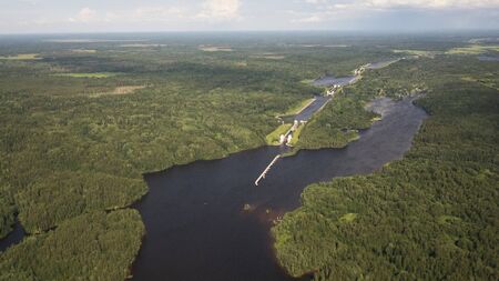 Bird's-eye view of the river and the ship's locks .Delta river from a bird's eye view.の写真素材