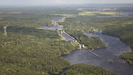 Bird's-eye view of the river and the ship's locks .Delta river from a bird's eye view.の写真素材