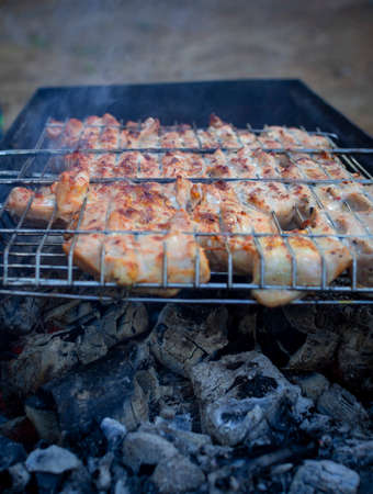Barbecue on the grill. Steaks are cooked over glowing coalsの写真素材